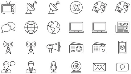 Fototapeta premium Modern linear communication and media icons set for digital technology and global connectivity.