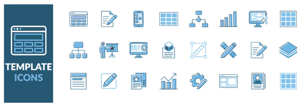 Professional set of website template icons featuring ux design and development workflow tools