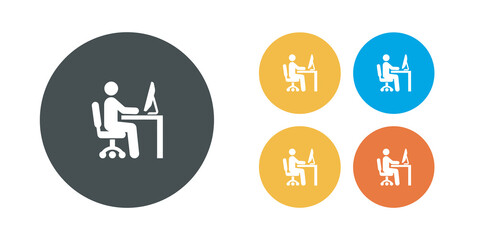 Fototapeta premium Corporate employee working at a computer desk in a clean and minimal office environment icon set