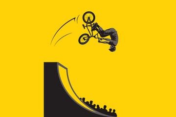Obraz premium BMX rider performing aerial stunt on ramp bike yellow background black illustration