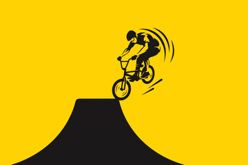 Obraz premium Bicycle rider jumping on ramp yellow background bicyclist bike black silhouette