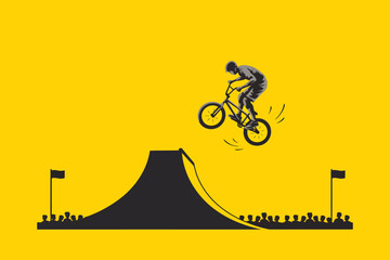 Obraz premium BMX rider jumping on ramp yellow background bike bicycle jump black silhouette