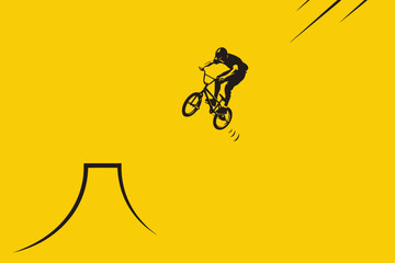 Obraz premium Bicycle rider jumping on yellow background bicyclist bike stunt trick illustration