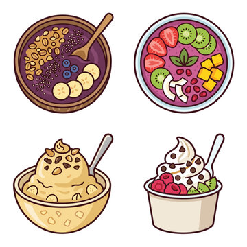 Collection of four flat color icons representing healthy and junk food in a 2x2 grid, featuring acai bowls, smoothie bowls, nice cream, and froyo toppings