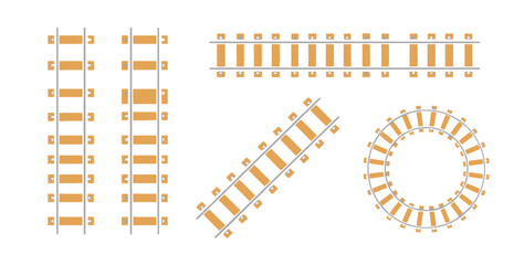 Set of train tracks and railway elements including straight and circular rail designs vector © abdur