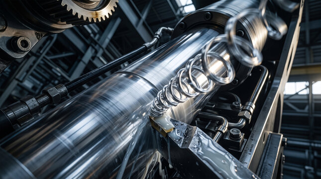 Metal lathed chips curling from a steel cylinder rod during computer numerical control machining process