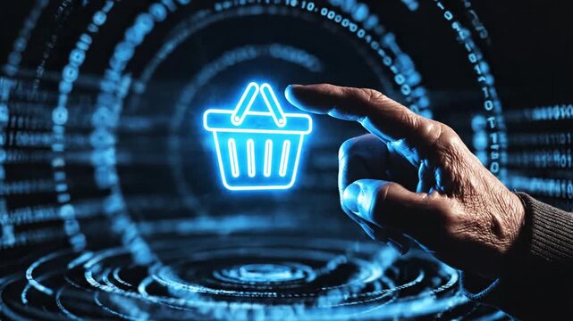 Hand touching glowing neon shopping basket on digital binary background