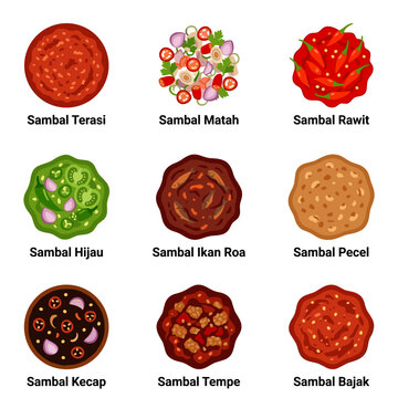 Collection of nine Indonesian sambal icons, flat color vector illustrations, including sambal terasi, sambal matah, sambal rawit, sambal hijau, sambal ikan roa, sambal pecel, sambal kecap, sambal