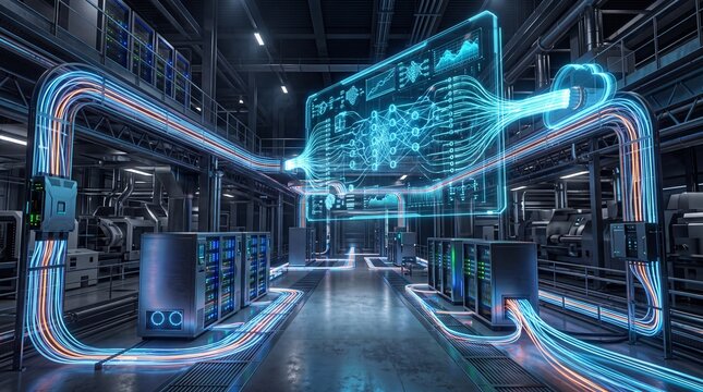 Futuristic data center with glowing fiber optic cables, advanced server racks, and digital neural network interface, showcasing autonomous edge computing facility high tech industrial environment