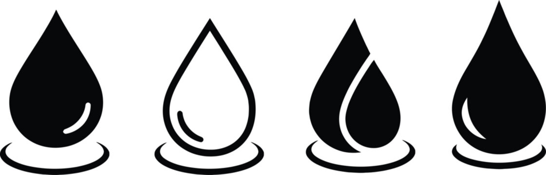 four type  Simple black water drop illustration on white background for multiple use Set of black water drop icons and liquid splash symbols on white background. vector illustration eps 10