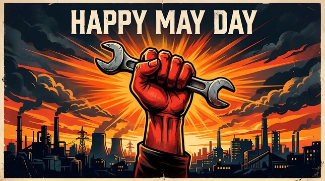 May day poster with a red fist holding a wrench over an industrial city