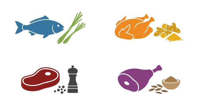 Four flat color icons showing food and spice pairings, fish with lemongrass, chicken with turmeric, beef with black pepper, and lamb with cumin, perfect for culinary concepts