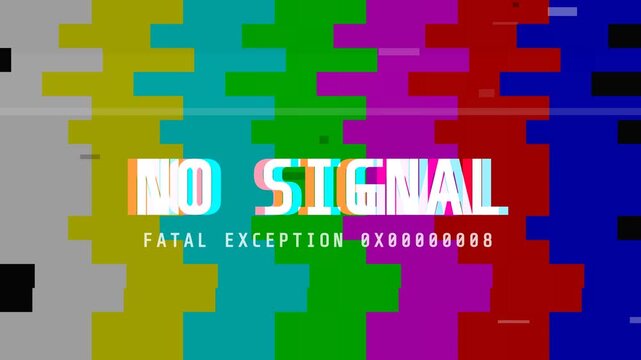 No signal screen, distorted colorful bars, glitchy effect, seamless loop, symbolizing technology failure and error