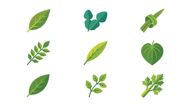 Pixel art collection of nine different herb and spice leaves, arranged in a 3x3 grid, featuring bay leaf, kaffir lime, pandan, curry leaf, turmeric, betel, daun salam, and parsley, flat color vector