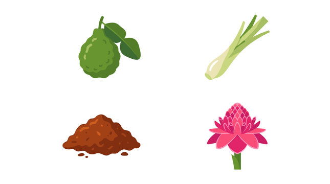 Pixel art icons for Balinese spices including kaffir lime, lemongrass, spice blend, and torch ginger flower, set on a white background