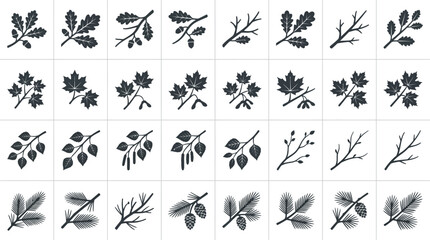 Fototapeta premium A collection of various leafy branches and foliage illustrations in a grid layout on a white background.