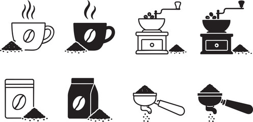 Obraz premium Black and white coffee icon collection with hot beverage cup cafe symbols and drink outline vector set for menu design