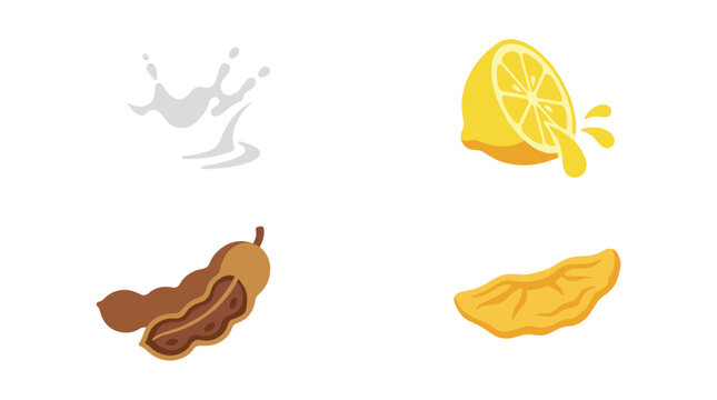 Set of four flat color vector icons representing souring agents, including vinegar splash, lemon half, tamarind pod, and dried mango slice