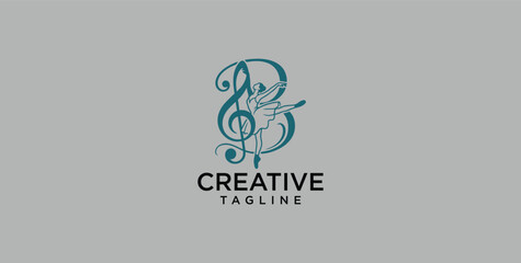 Elegant initial B logo design featuring a harmonious blend of a musical treble clef, whimsical butterfly wings, and delicate flowing notes, ideal for artistic and creative businesses © micky_adb02