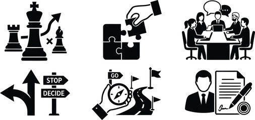 Black Silhouette Icons Depicting Business Strategy Decision Making And Teamwork Concepts On A White Background chess piece © Md. Hafizul Islam