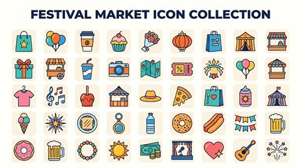 Fototapeta premium Icons representing various festival market elements are arranged in a organized grid pattern on a white background.