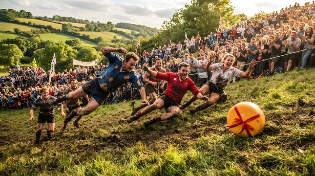 The participants rolled down the steep, nearly vertical slope of Cooper's Hill as they chased an 8-pound piece of Double Gloucester cheese rolling down the hill.