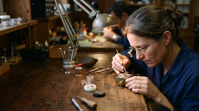 Female watchmaker at bench repairing watch under lamp