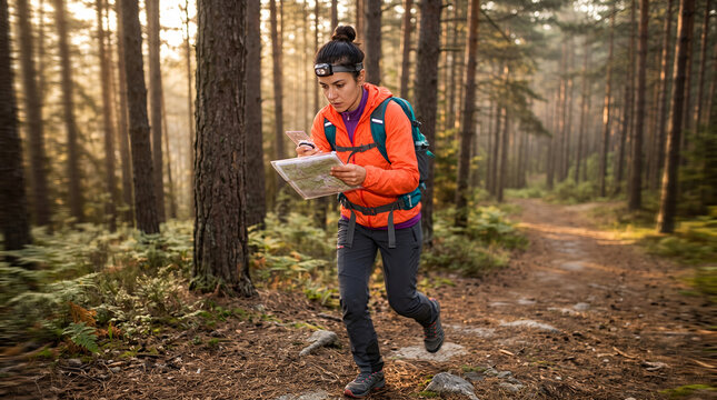 Woman orienteering in forest with map and headlamp