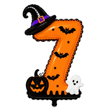 Halloween Balloon Alphabet and Numbers clipart featuring glossy orange foil balloon letters A&ndash;Z and numbers 0&ndash;9 with cute Halloween decorations including a witch hat, bats, pumpkin, ghost, and stars.
