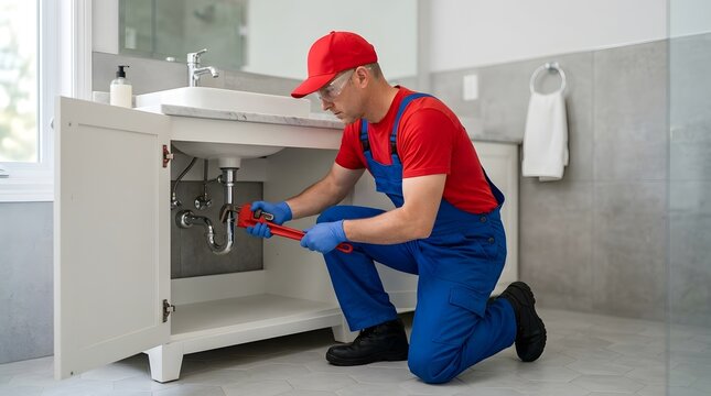 Dedicated plumber in red cap blue overalls working on sink plumbing with pipe wrench in elegant bathroom vanity.