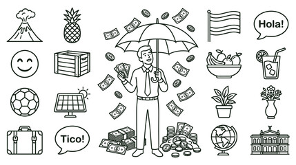 Costa Rica travel and business icon set featuring money rain umbrella volcano and culture. © jubayer95