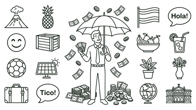 Costa Rica travel and business icon set featuring money rain umbrella volcano and culture.