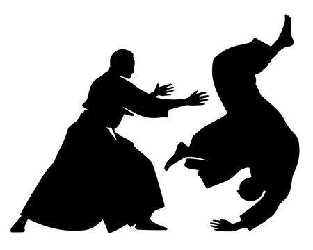 Black silhouette of two martial artists in dynamic throw, symbolizing balance, technique, and discipline in bold vector art.