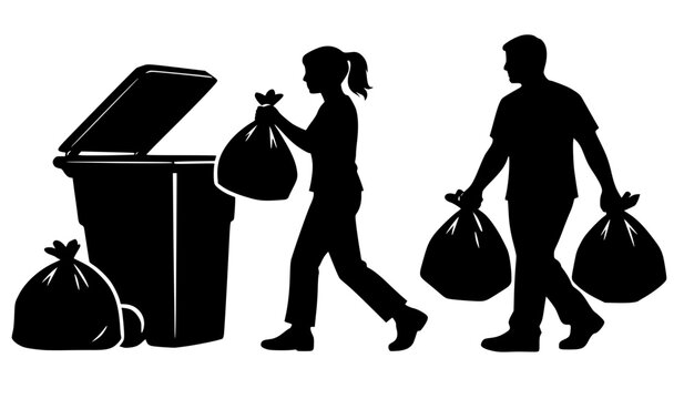Silhouette set of woman throwing trash into a bin and man carrying garbage bags, bold black minimalist illustration perfect for waste management, cleaning, and household themes.