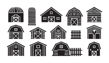 Set of barn and silo icons, farm buildings and fences, rural vector illustration. © MD.RAHIM