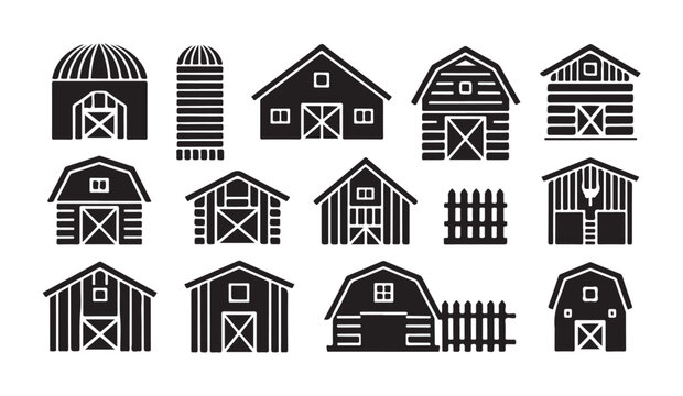 Set of barn and silo icons, farm buildings and fences, rural vector illustration.