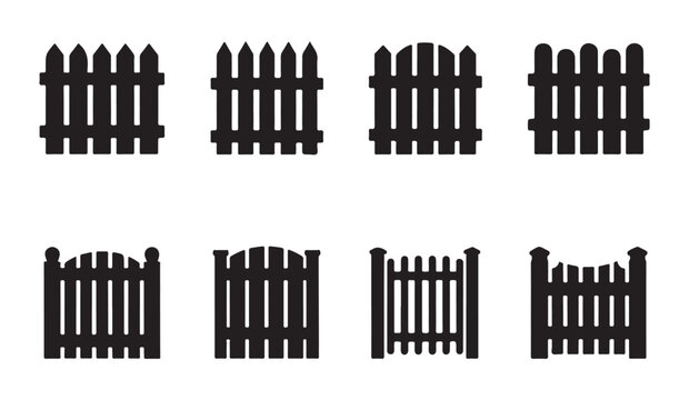 Assortment of wooden fences and gates, rustic farm boundary elements, vector graphics.