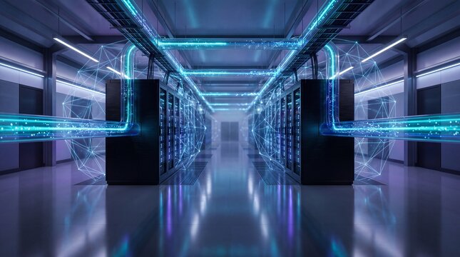 Futuristic data center with glowing blue quantum computing network, advanced server racks, and digital connections in high tech environment, reflecting innovation and progress