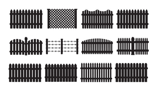 Various types of fences and barriers, farm enclosures and garden boundaries, black silhouette.
