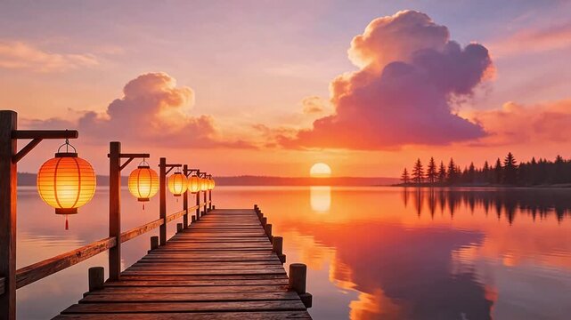Wooden dock with lanterns at sunset