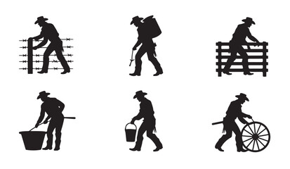Set of farmer silhouettes engaged in various outdoor farming activities on a ranch. © MD.RAHIM