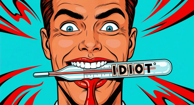 Man biting thermometer in pop art style. Comic illustration of wide-eyed person with medical theme. Humor and stupidity concept for satirical health marketing.