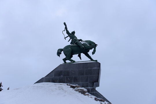 Salavat Yulaev Monument Silhouette Above Snowy Hill in Ufa