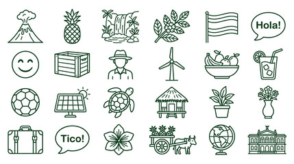 Costa rica line icon set. travel and tourism symbols collection with country elements. © jubayer95