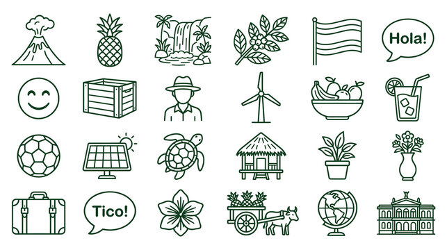 Costa rica line icon set. travel and tourism symbols collection with country elements.