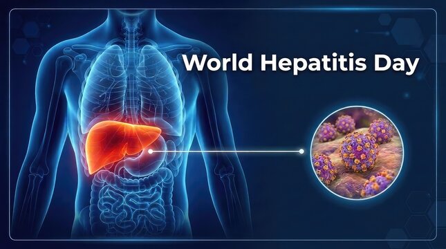 Futuristic blue human body anatomy scan showing inflamed liver and microscopic virus cells for World Hepatitis Day concept