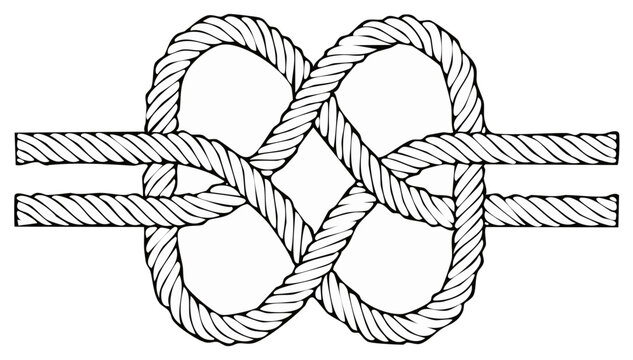 Illustration of a Figure Eight Knot with horizontal ropes, black and white.