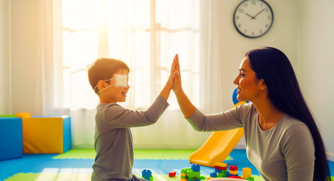 Boy with eye patch giving high five to mother in bright playroom. Child celebrates vision therapy progress during medical checkup. Pediatric ophthalmology concept for healthcare marketing.