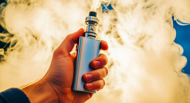 Hand holding a silver vape device with thick vapor clouds. Close-up of electronic cigarette mod and dense smoke in warm lighting. Vaping culture concept, ideal for health and lifestyle media.