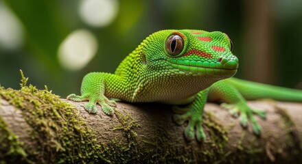 Fototapeta premium Bright green gecko resting on mossy tree branch.